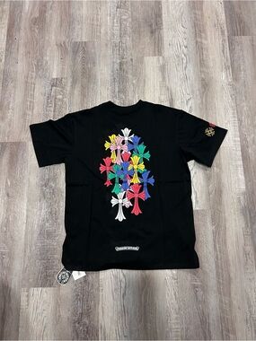 Chrome Hearts Black T-Shirt with Multicolor Cross Flower Graphics